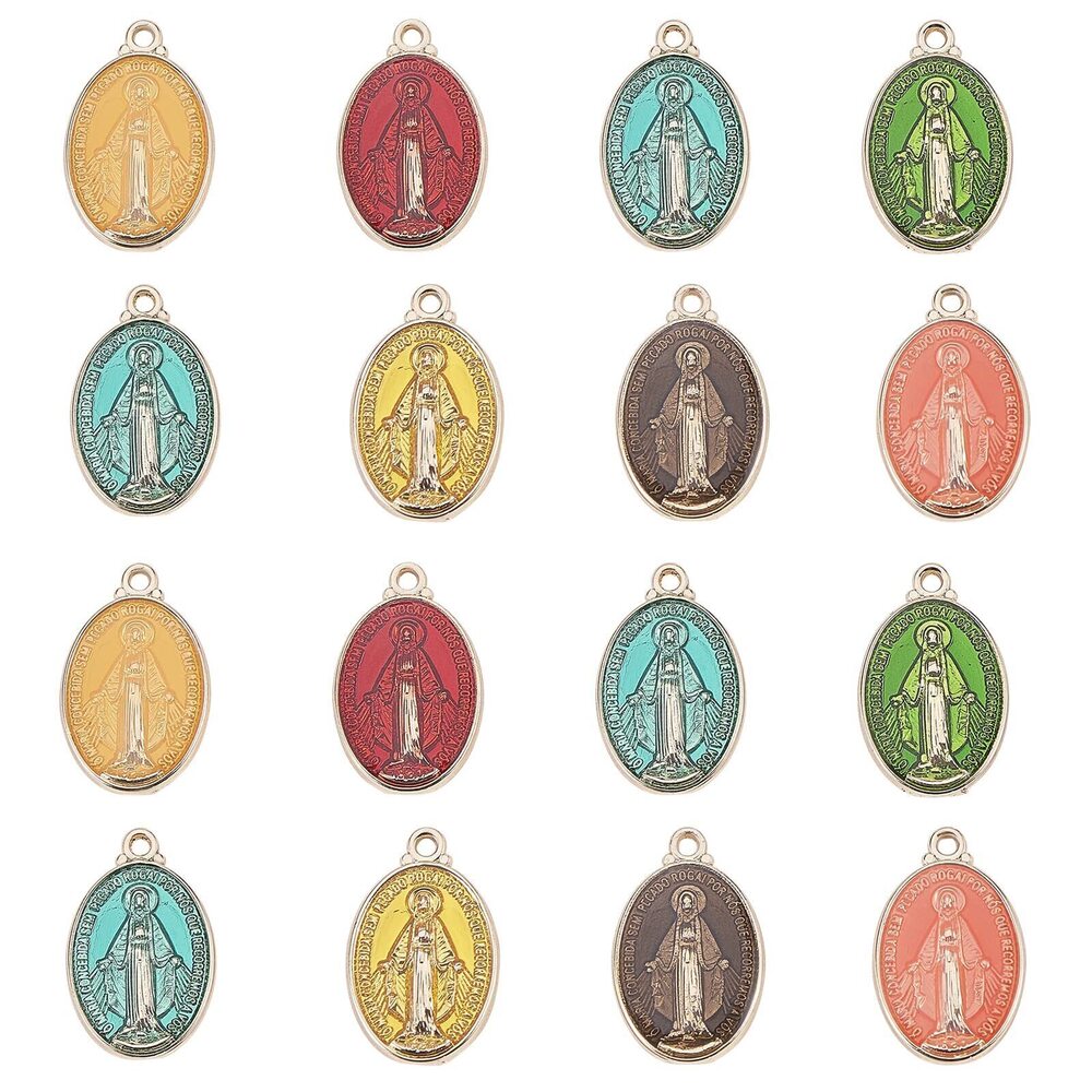 6127 40pcs Oval Cross Enamel Charms Our Lady Miraculous Medal Floral Rosary